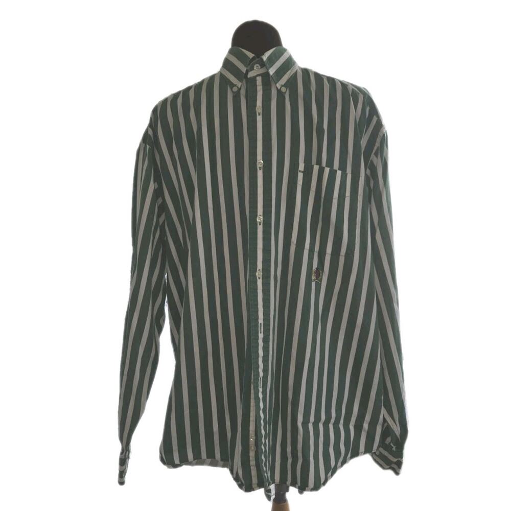 VINTAGE Tommy Hilfiger Golf Long Sleeve Button-Up Pocket Shirt Green Stripe L